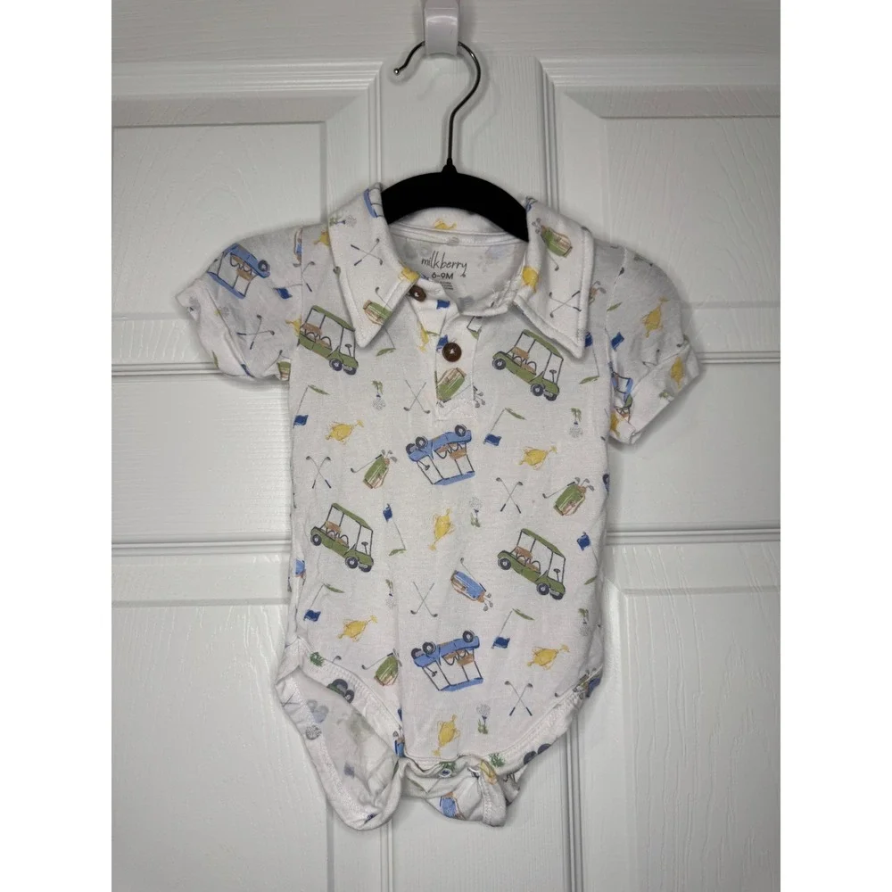 Milkberry Baby Boy Golf Print Polo Bodysuit White 6-9M Golf Cart Trophy